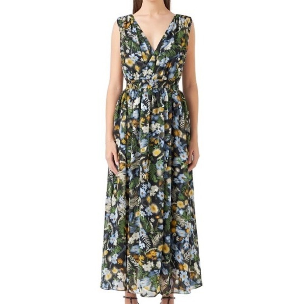 Endless Rose Low Neck Floral Maxi Dress Black Blue Yellow Metallic Fil Coupe M